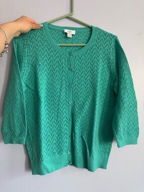 Ann Taylor Teal Eyelet Knit Button-Front Cardigan